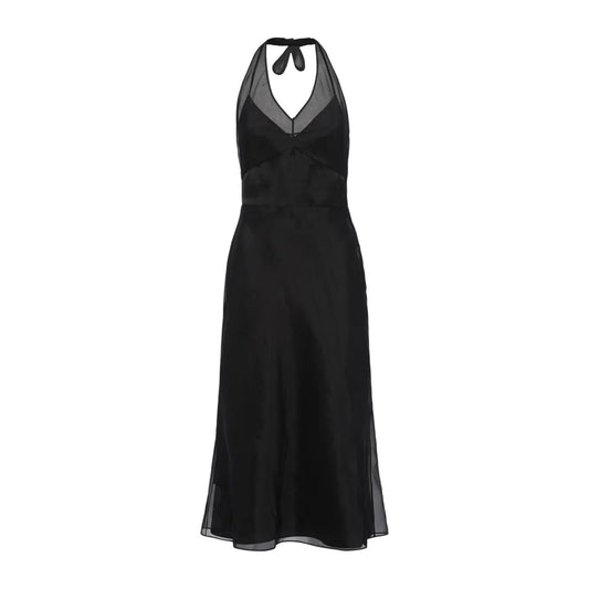 PRADA Womens Midi Dress Halter Neck Tie Sleeveless Re Edition Black 44 RRP 3060