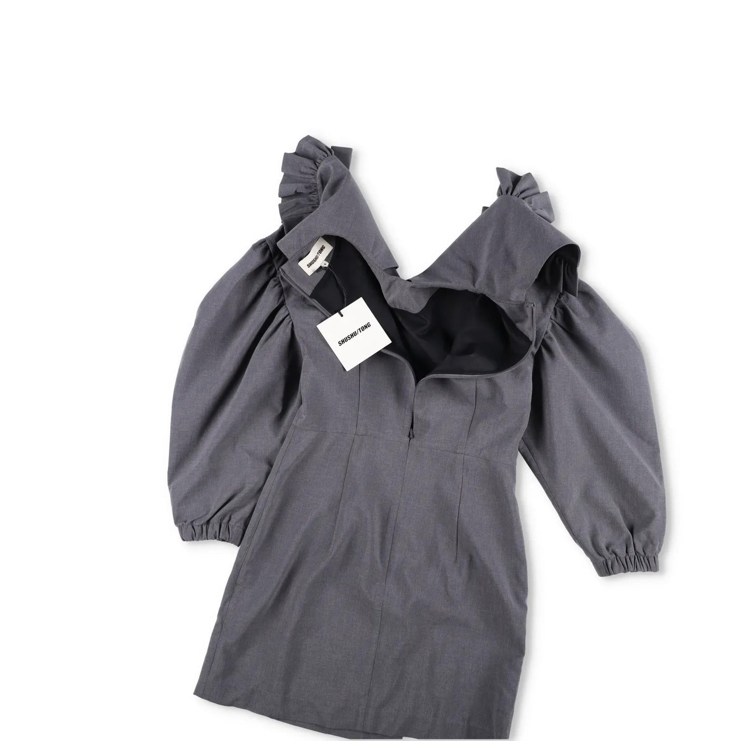 SHUSHU TONG Womens Dress Grey High Neck Puff Sleeve Knee Length Zip 8 RRP 500 — View 6