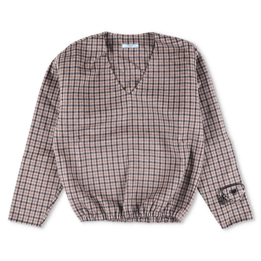 PRADA Womens Blouse V-Neck Long Sleece Check Pattern Brown Size 40 RRP 2830