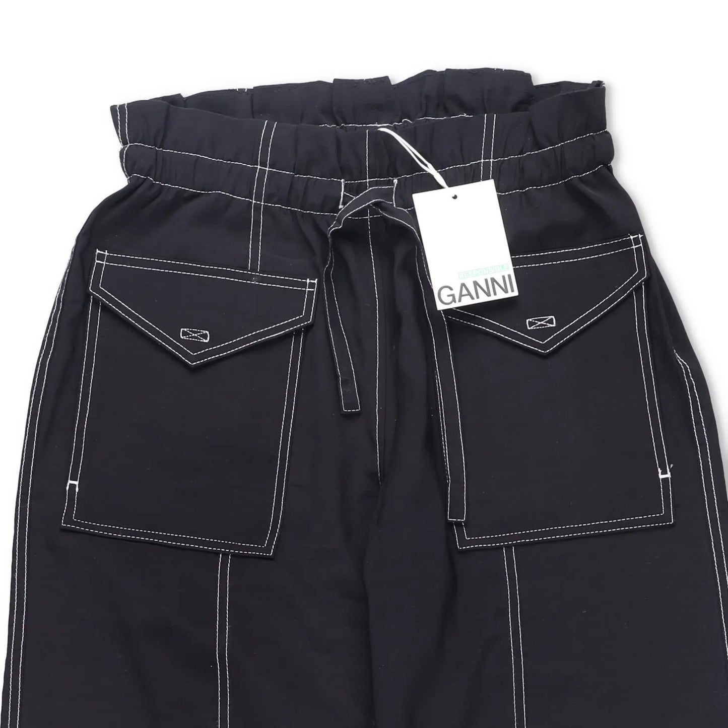 GANNI Womens Trousers Light Slub High Waist Pocket Tie Bottom Black 36 RRP 255 — View 5
