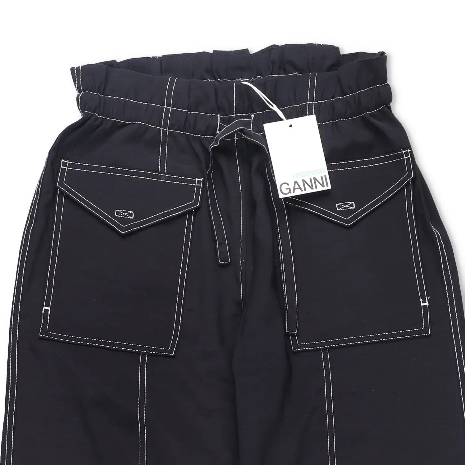GANNI Womens Trousers Light Slub High Waist Pocket Tie Bottom Black 36 RRP 255 — View 5