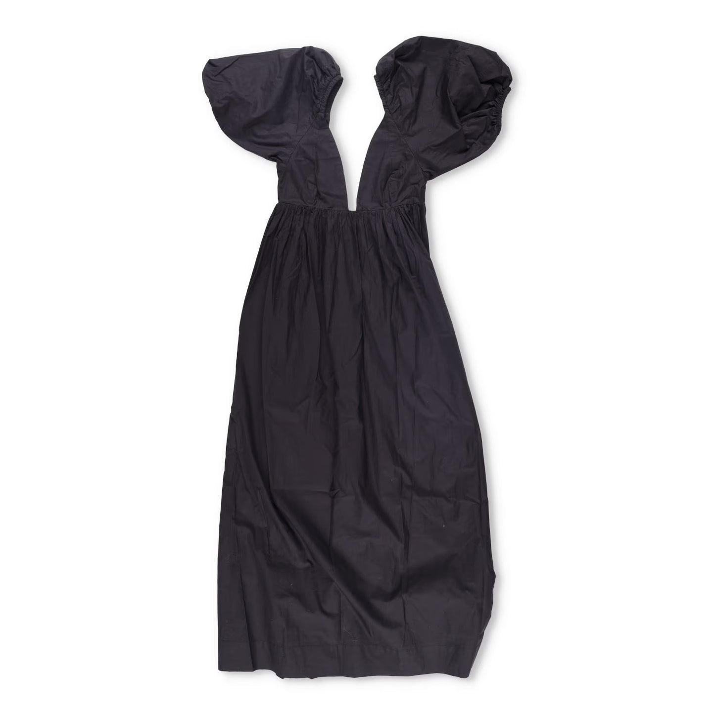 GANNI Womens V-Neck Short Sleeve Midi Dress Black Puff Shoulders Size 32 RRP 235