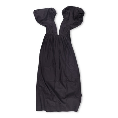GANNI Womens V-Neck Short Sleeve Midi Dress Black Puff Shoulders Size 32 RRP 235