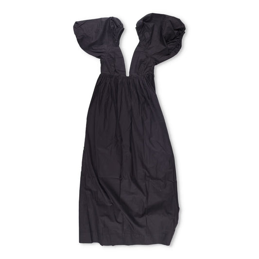 GANNI Womens V-Neck Short Sleeve Midi Dress Black Puff Shoulders Size 32 RRP 235