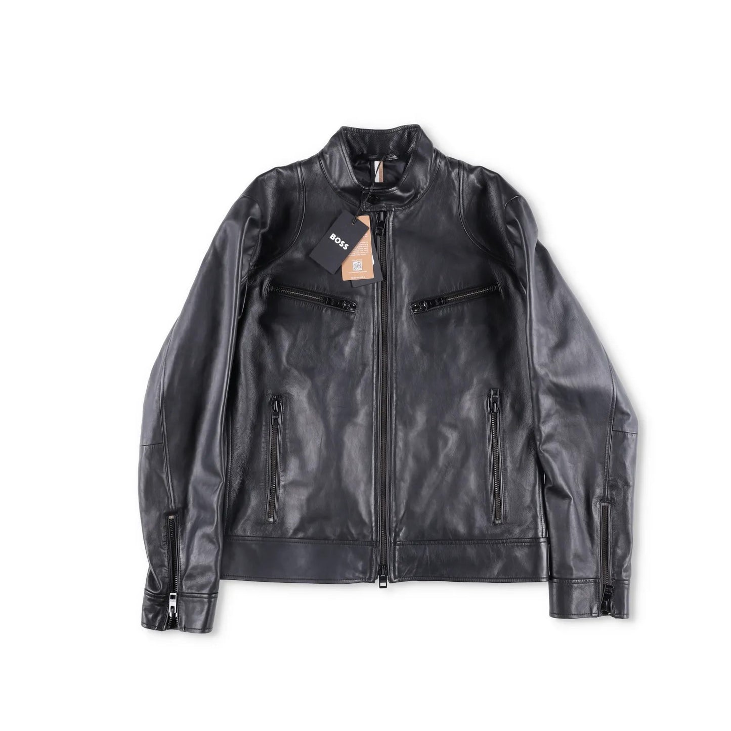 BOSS Mens Leather Biker Jacket Black Zip Closure Stand-Up Collar Size 52 RRP 450 — View 5