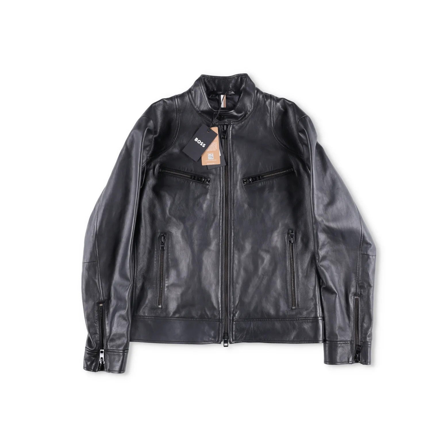 BOSS Mens Leather Biker Jacket Black Zip Closure Stand-Up Collar Size 52 RRP 450 — View 5