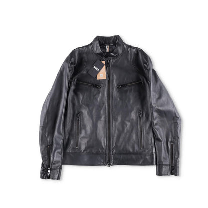 BOSS Mens Leather Biker Jacket Black Zip Closure Stand-Up Collar Size 52 RRP 450 — View 5