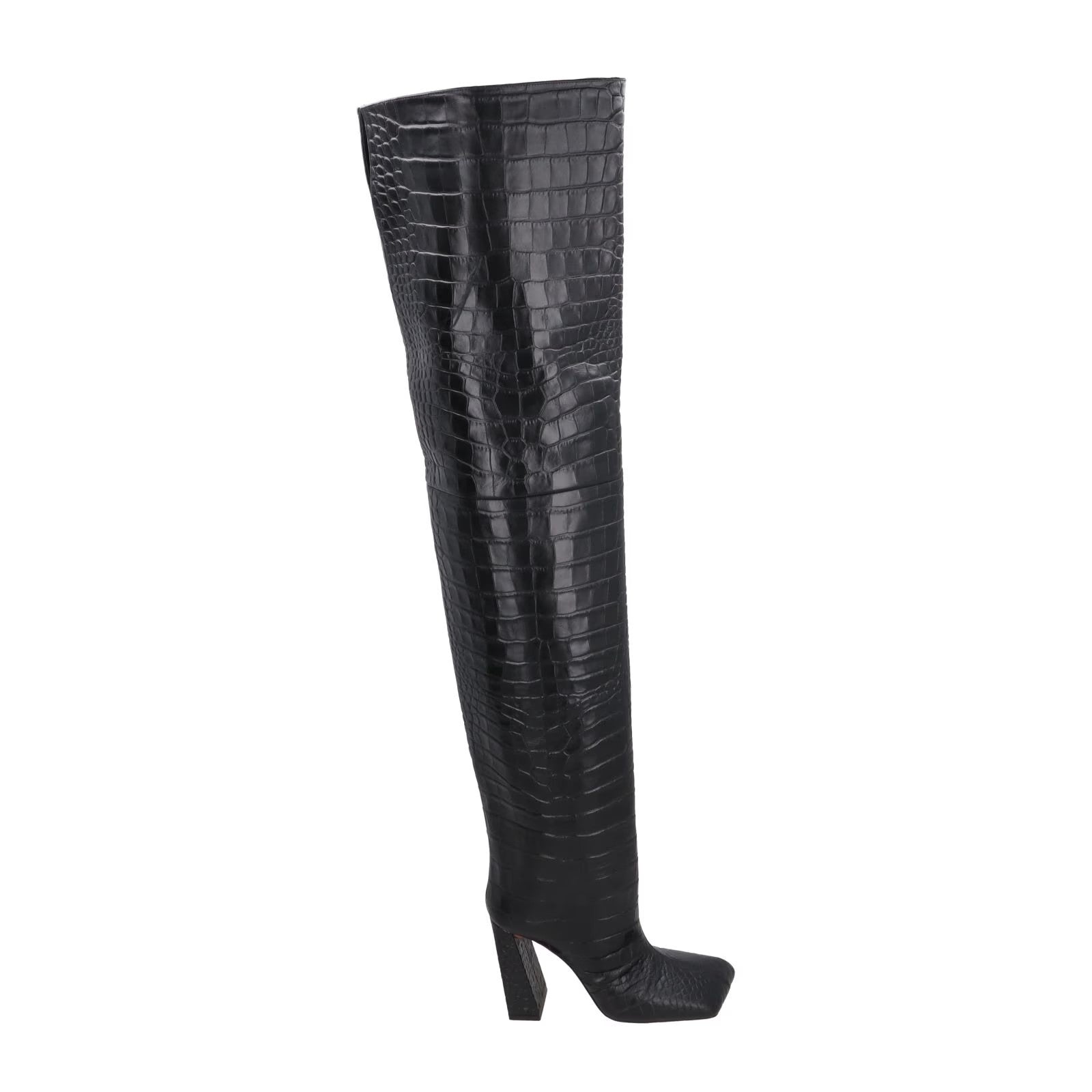 AMINA Women Marine 95 High Heel Square Thigh High Croc Boots Black UK5.5 RRP1650