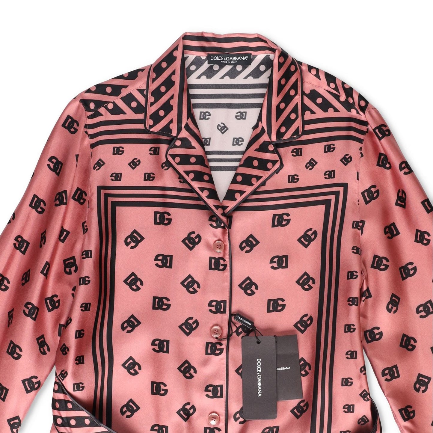 DOLCE & GABBANA Womens Dolce Allover Logo Blouse Belted Silk Pink 40 RRP 2100 — View 11