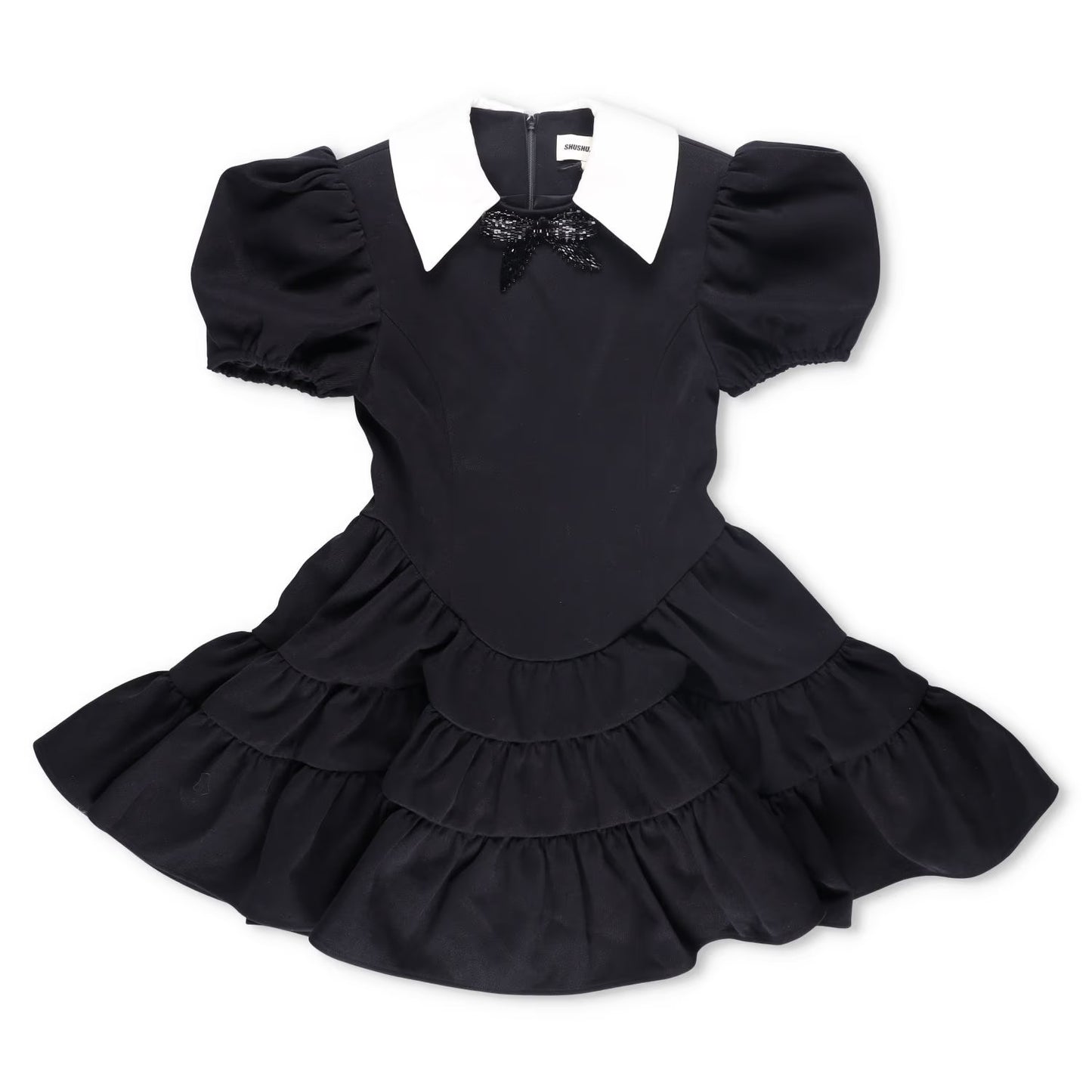 SHUSHU TONG Womens Fit & Flare Dress Black Puff Sleeve Ruffle Collared 8 RRP 650