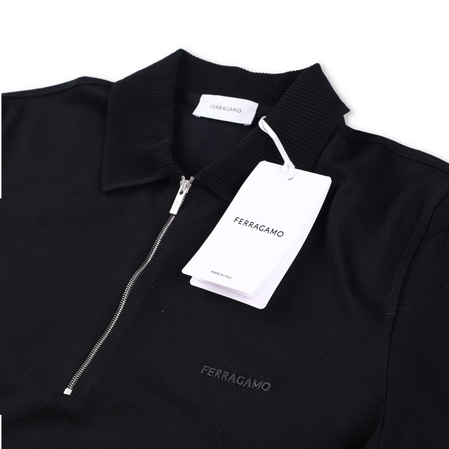 SALVATORE FERRAGAMO Men Polo Shirt Piquet Jersey Short Sleeve Zip Black S RRP443 — View 6