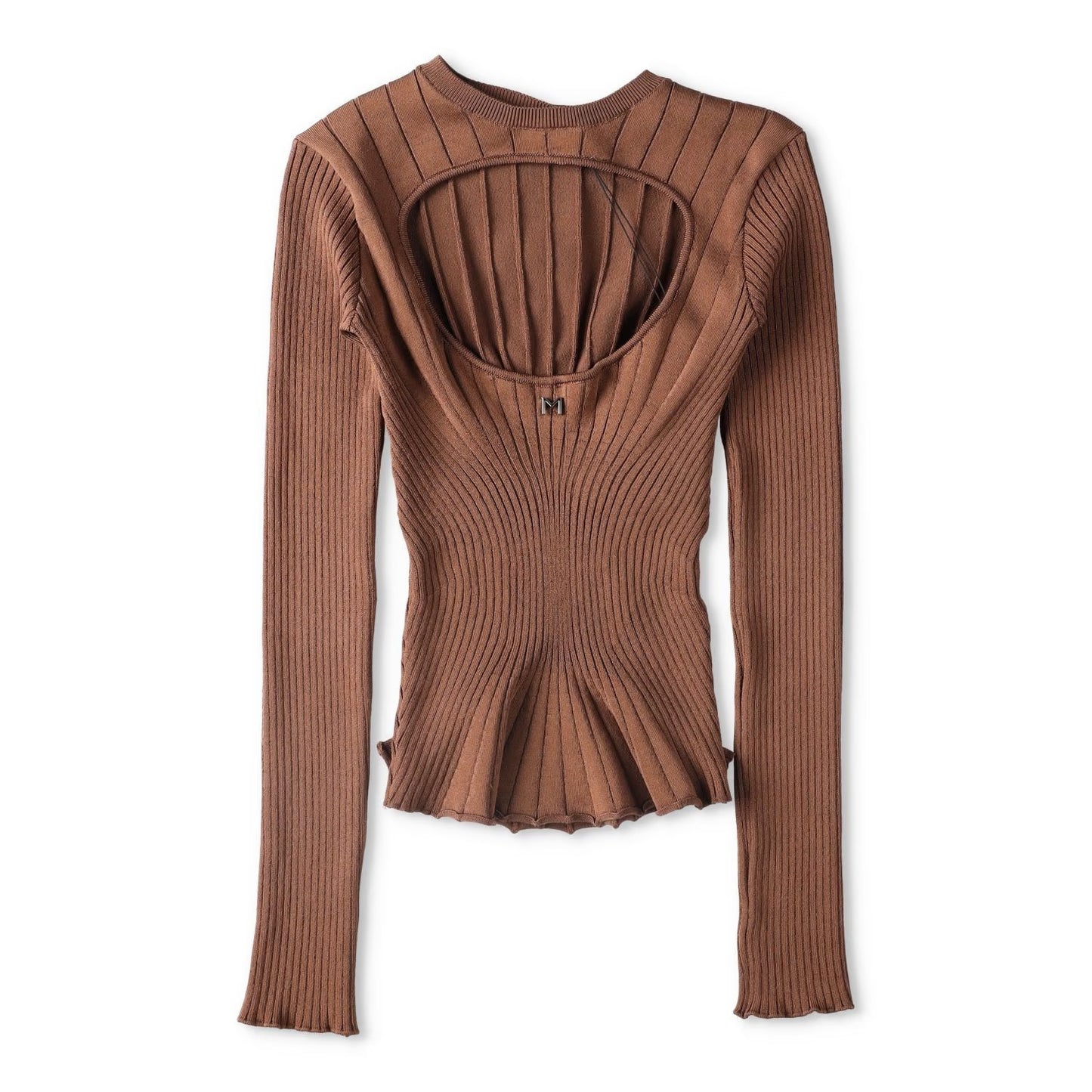 MUGLER Womens Top T-Shirt Low Neck Cropped Long Sleeve Brown Size S RRP 60