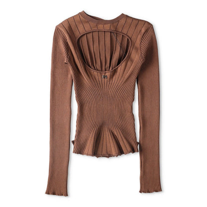 MUGLER Womens Top T-Shirt Low Neck Cropped Long Sleeve Brown Size S RRP 60