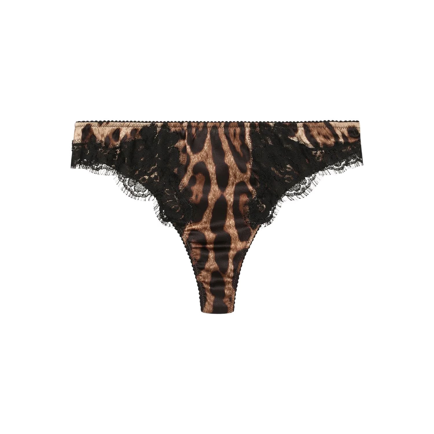 DOLCE & GABBANA Womens Thong Leopard Print Lace Inserts Knickers Brown XS RRP235