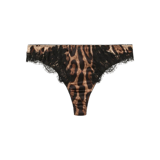 DOLCE & GABBANA Womens Thong Leopard Print Lace Inserts Knickers Brown XS RRP235
