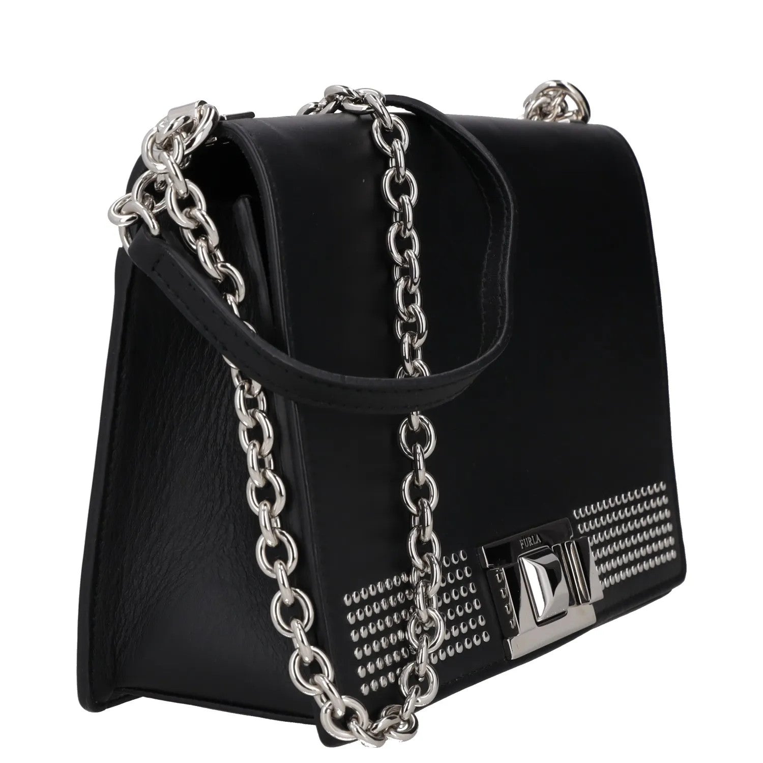 FURLA Womens Shoulder Handbag Black Leather Chain Strap Silver Hardware M RRP250 — View 6