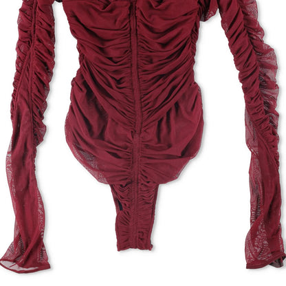 MUGLER Womens Bodysuit Crew Neck Long Sleeve Red Mesh Sheer Ruched 34 RRP 425 — View 4