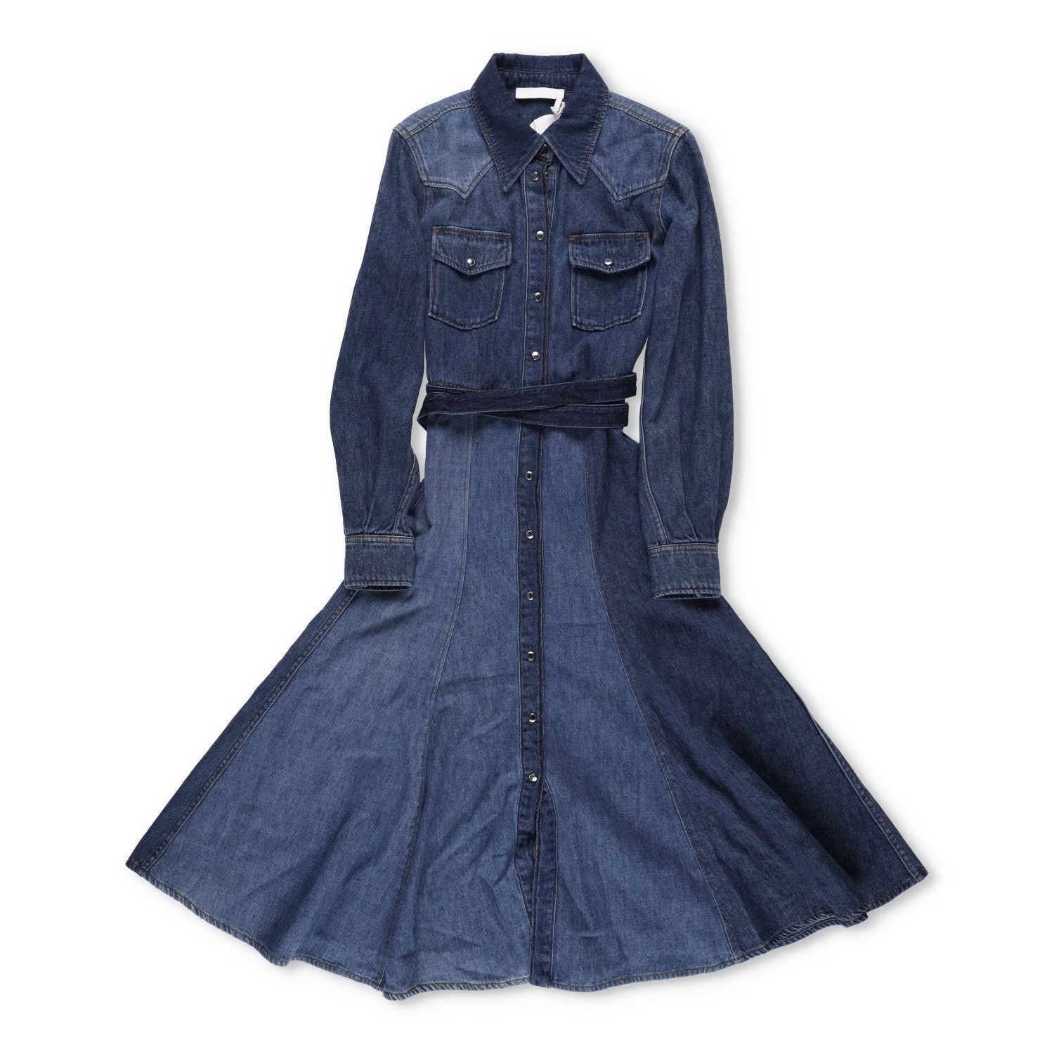 CHLOE Womens Denim Midi Dress Long Sleeve Button Front Dark Blue Size 34 RRP1305