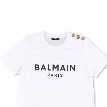 BALMAIN Women T-Shirt Crew Neck Short Sleeve Logo 3 Button Cotton White M RRP395 — View 2