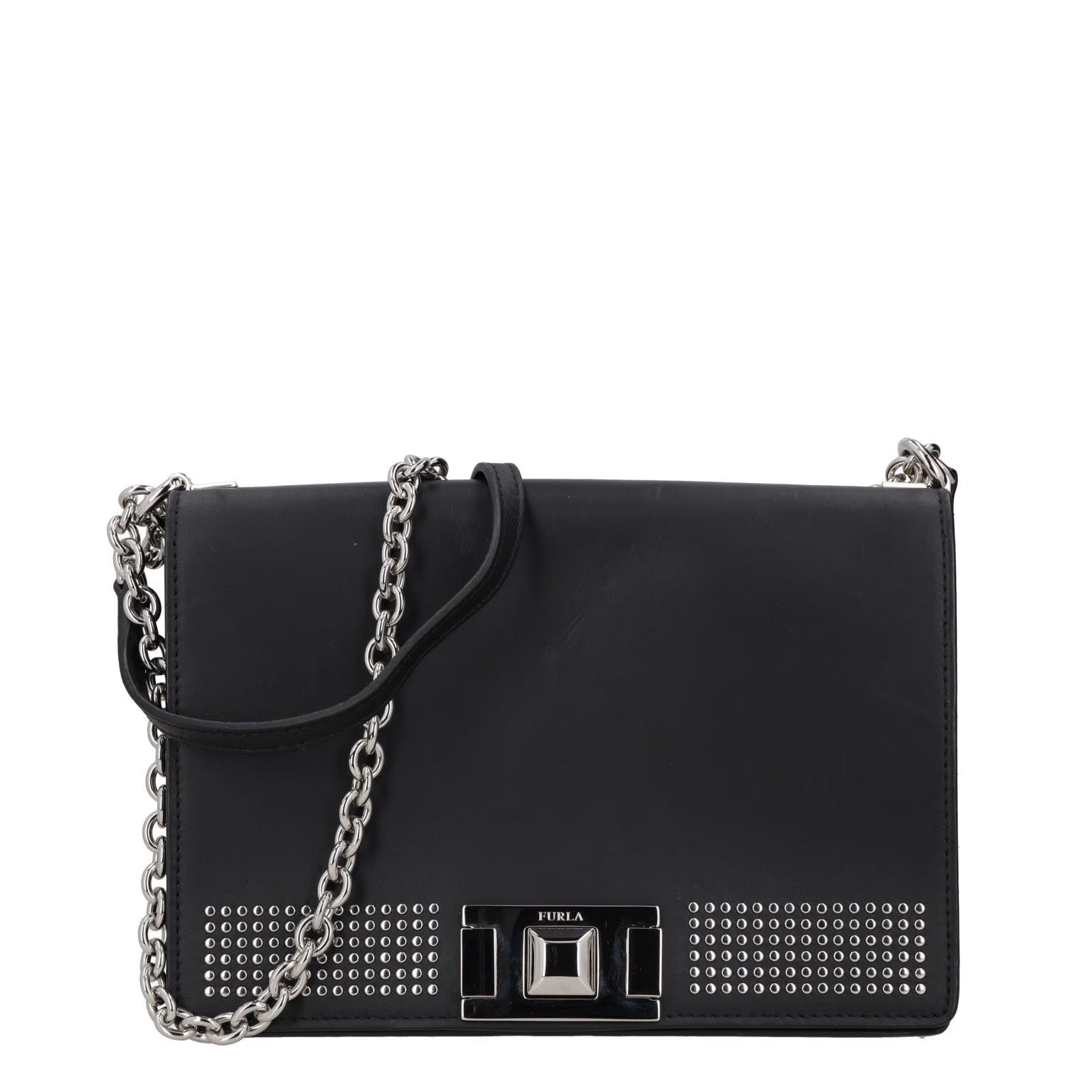 FURLA Womens Shoulder Handbag Black Leather Chain Strap Silver Hardware M RRP250