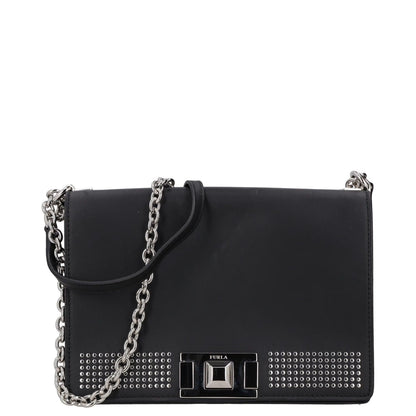FURLA Womens Shoulder Handbag Black Leather Chain Strap Silver Hardware M RRP250