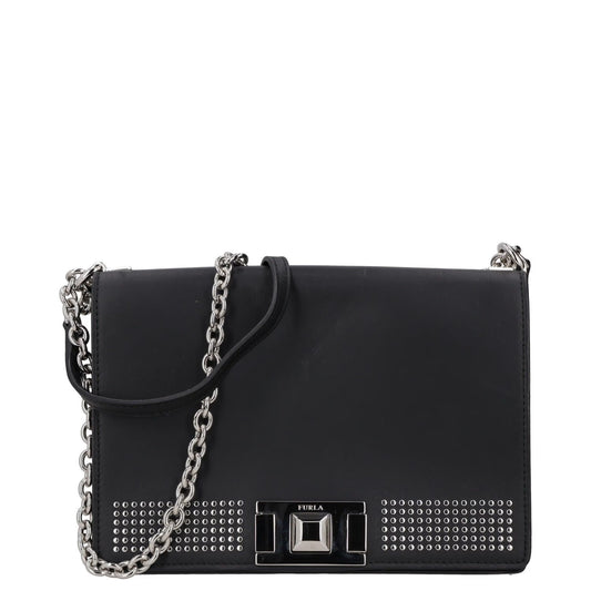 FURLA Womens Shoulder Handbag Black Leather Chain Strap Silver Hardware M RRP250
