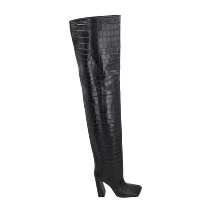 AMINA Womens Marine 95 High Heel Square Toe Thigh High Boot Croc UK 5 RRP 1650