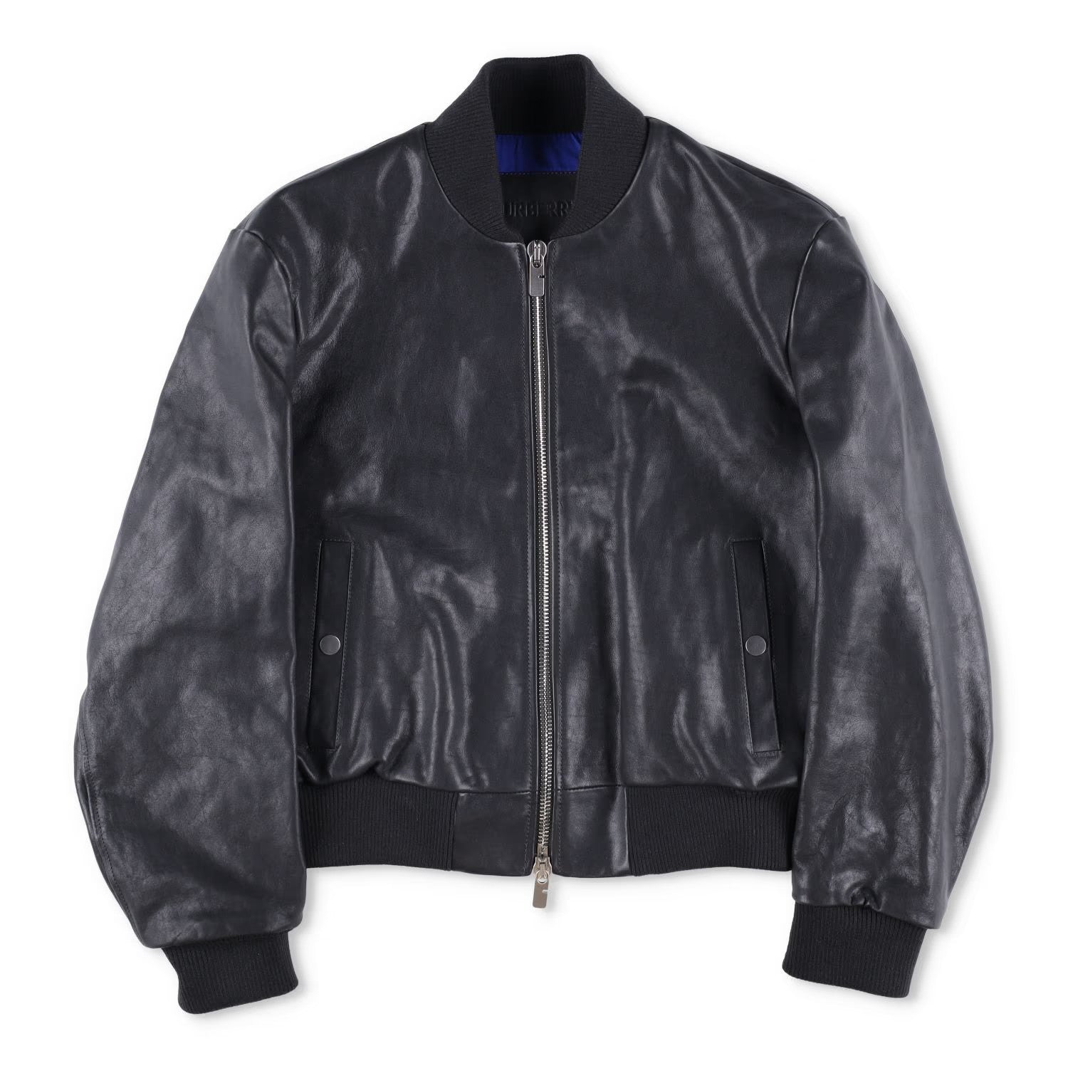 BURBERRY Mens Bomber Jacket Zipped Leather Black Band Collar Size 46 RRP 3490
