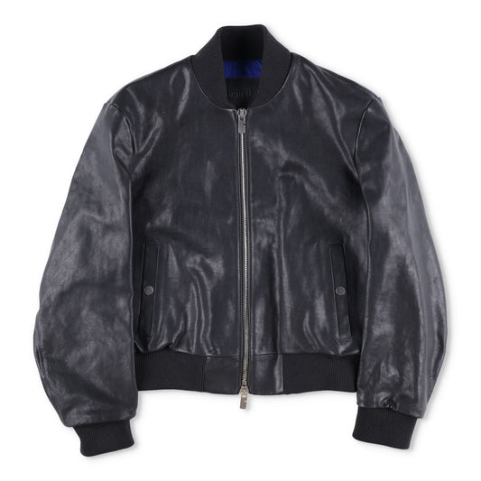 BURBERRY Mens Bomber Jacket Zipped Leather Black Band Collar Size 46 RRP 3490