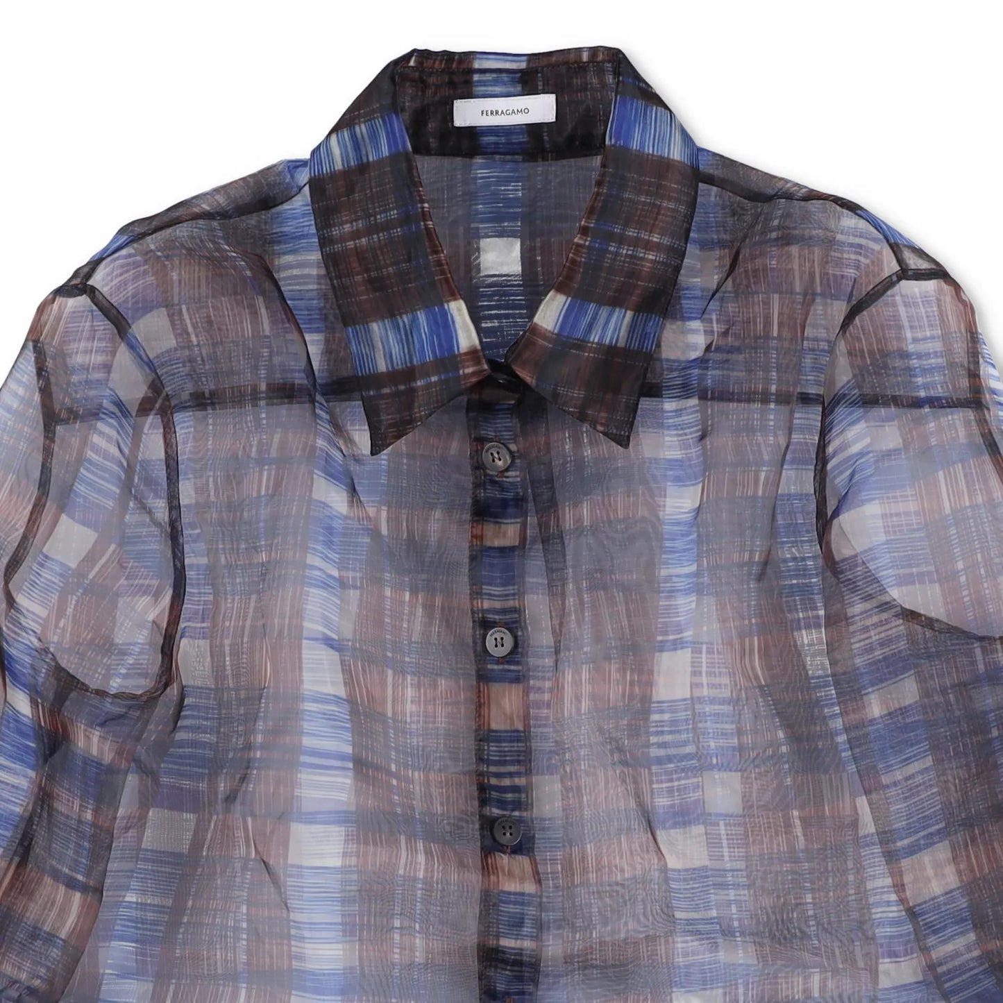 SALVATORE FERRAGAMO Women Sheer Shirt Long Sleeve Check Button Brown 40 RRP1150 — View 2