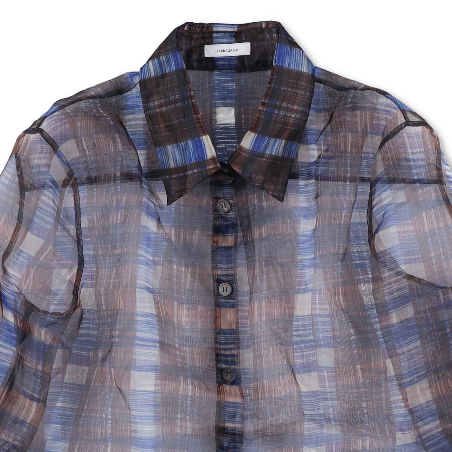 SALVATORE FERRAGAMO Women Sheer Shirt Long Sleeve Check Button Brown 40 RRP1150 — View 2