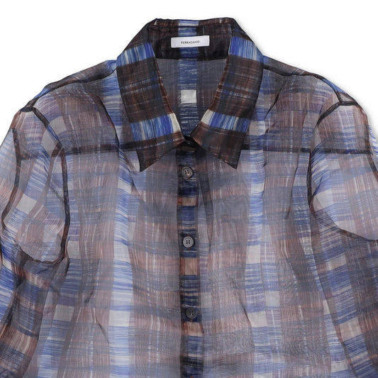 SALVATORE FERRAGAMO Women Sheer Shirt Long Sleeve Check Button Brown 40 RRP1150 — View 2